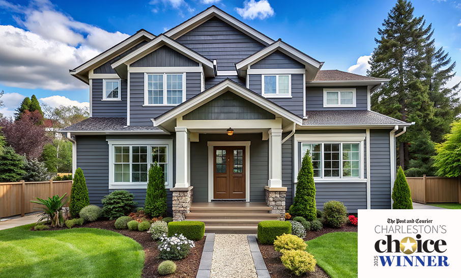 Modern home exterior featuring gray siding