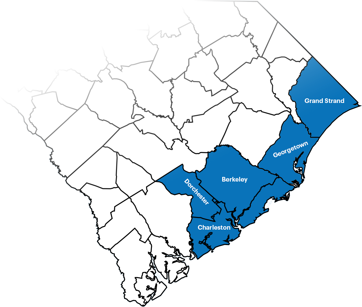 Siding service map showing Greater Charleston and Grand Strand